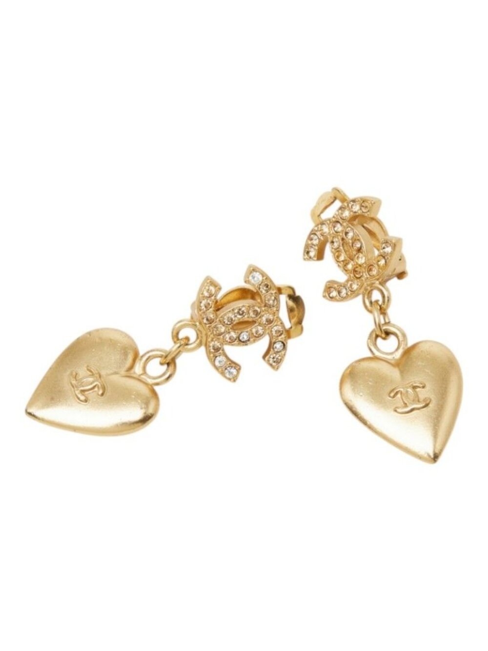Chanel CC Logo Heart Motif Earrings Gold Plated Rhinestone